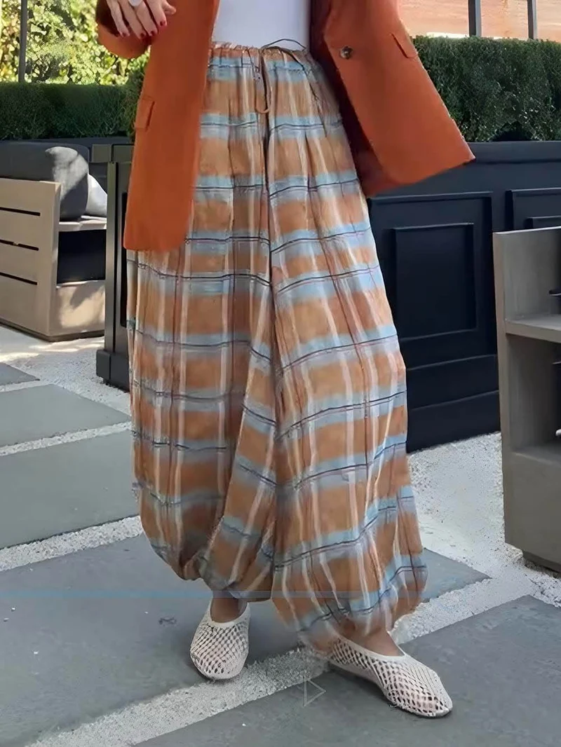 Unique Plaid Print Elastic Waist Tapered Lantern Pants