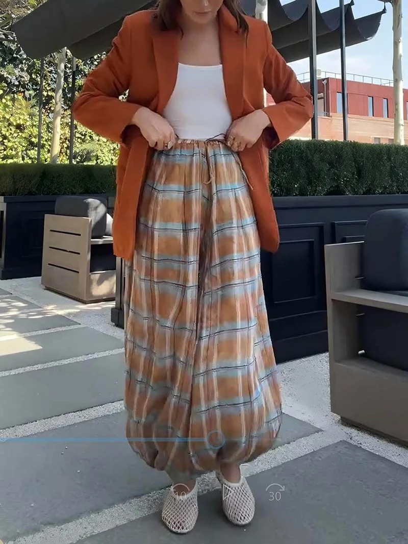 Unique Plaid Print Elastic Waist Tapered Lantern Pants