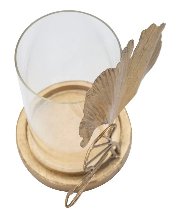Bougeoir en métal doré et feuilles de verre