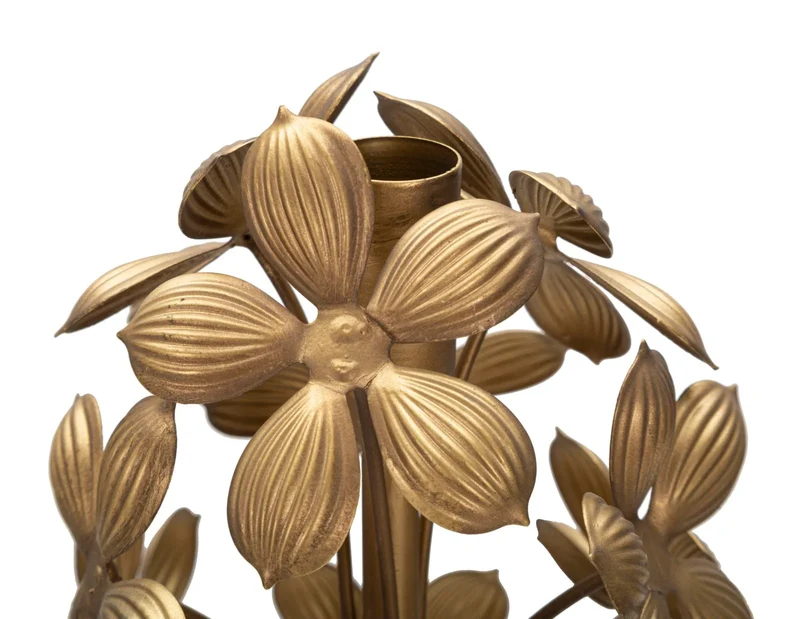 Bougeoir sur pied en métal doré au design floral