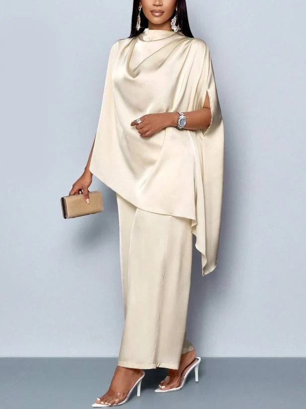 Swing Collar Irregular Hem Shirt And Wide Leg Pants Suit