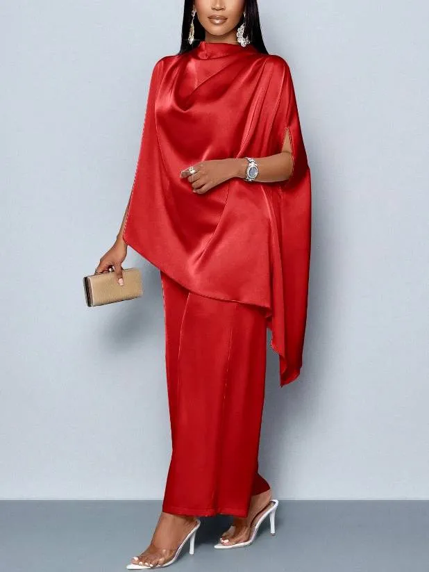 Swing Collar Irregular Hem Shirt And Wide Leg Pants Suit
