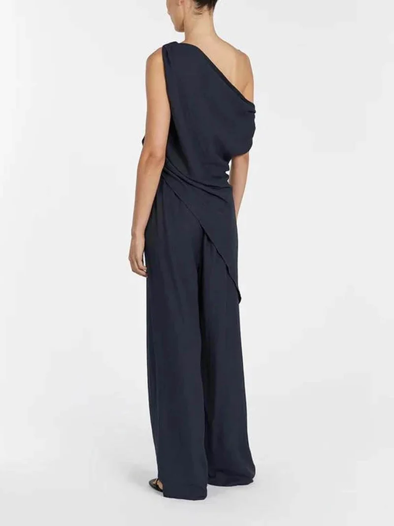 Casual Asymmetrical Twist Detailing Top Linen-Blend Pants Set