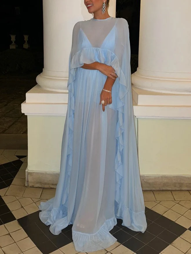 Elegant Ruffled Chiffon Cape-style Long Tops