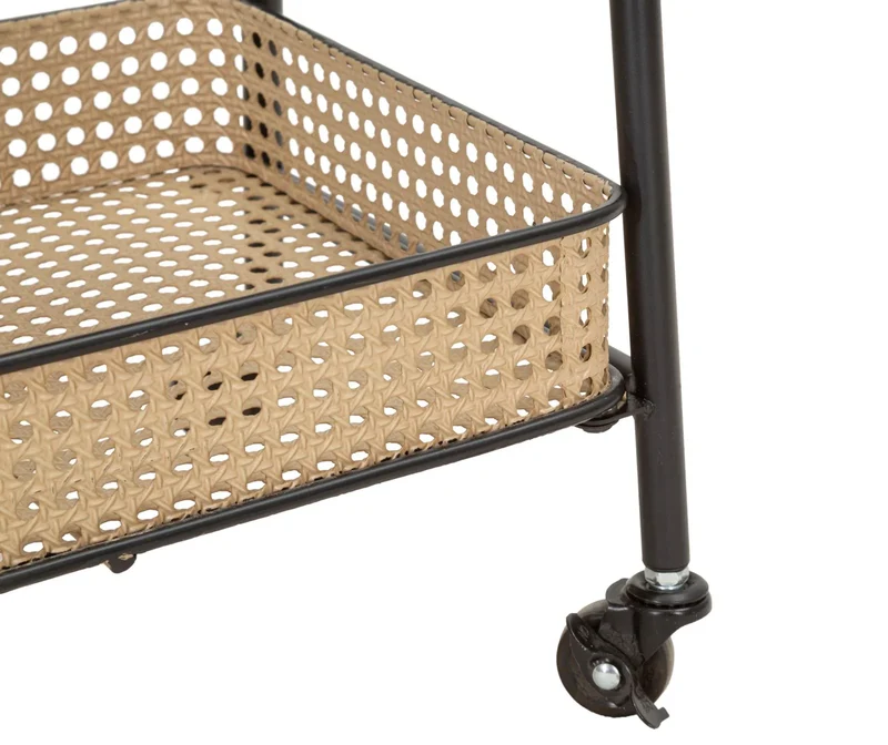 Chariot à 3 niveaux en rotin avec structure en métal doré – Chariot de service Fuji