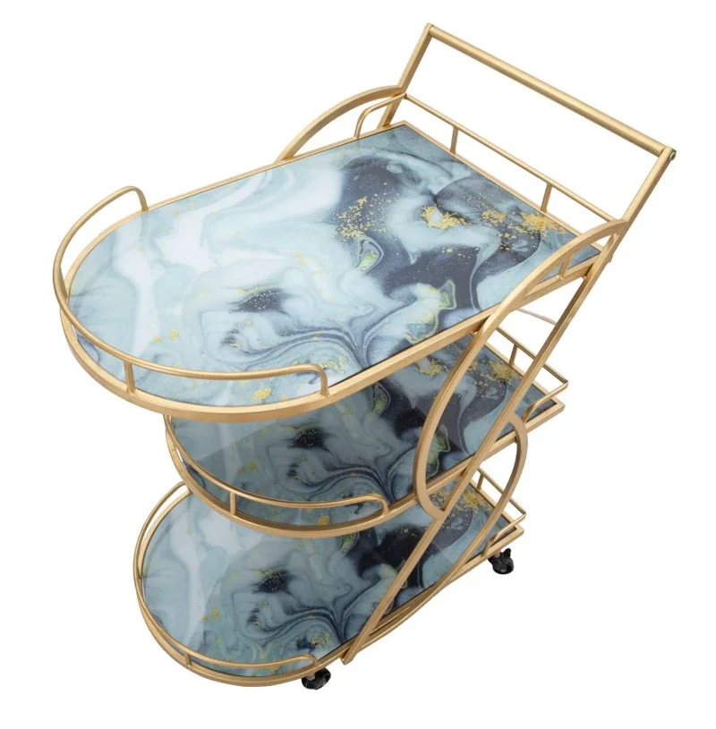 Chariot de cuisine en métal doré et marbre avec 3 étagères