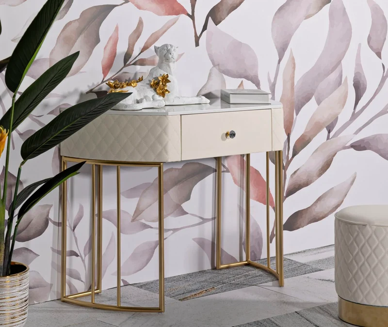 Console blanche avec pieds dorés – Entrée moderne Sharon avec plateau en marbre