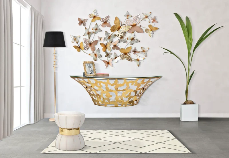 Console murale papillon en métal doré et verre