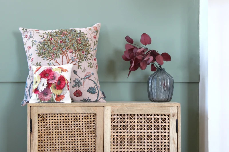 Coussin Beige – Arbre avec Oiseaux (Tapisserie Gobelin, Tissage Jacquard)