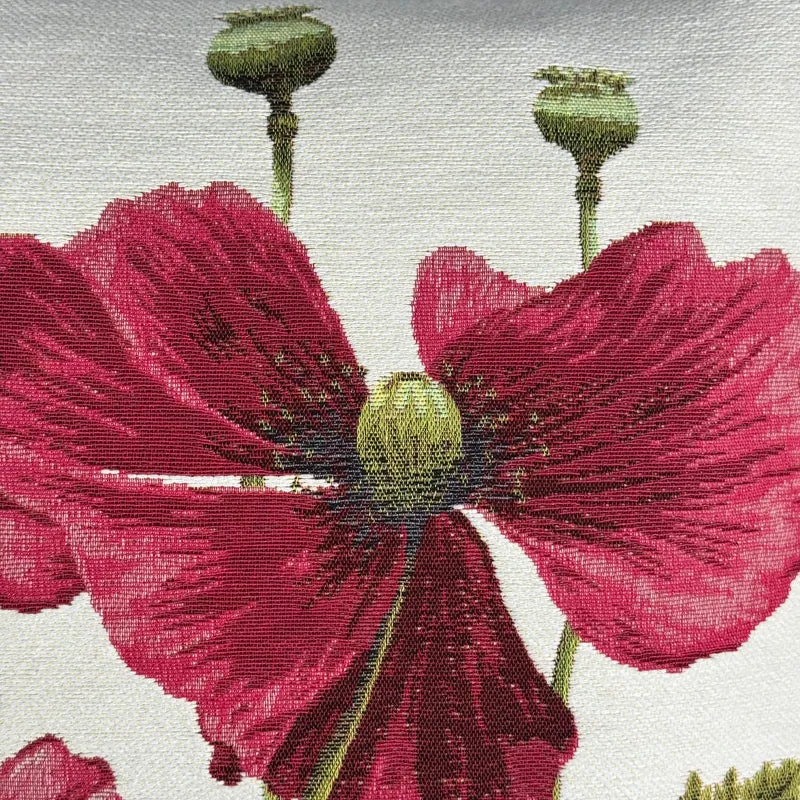 Coussin Blanc – Coquelicots Rouges en Fleur (Tissage Jacquard)