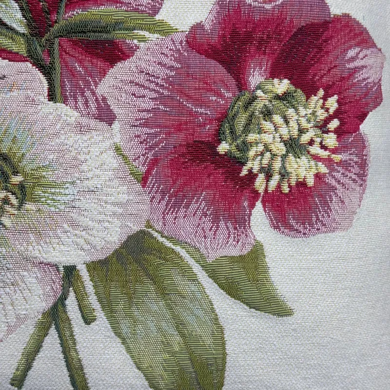 Coussin Blanc – Rose de Noël aux Fleurs Rouges (Tissage Jacquard)