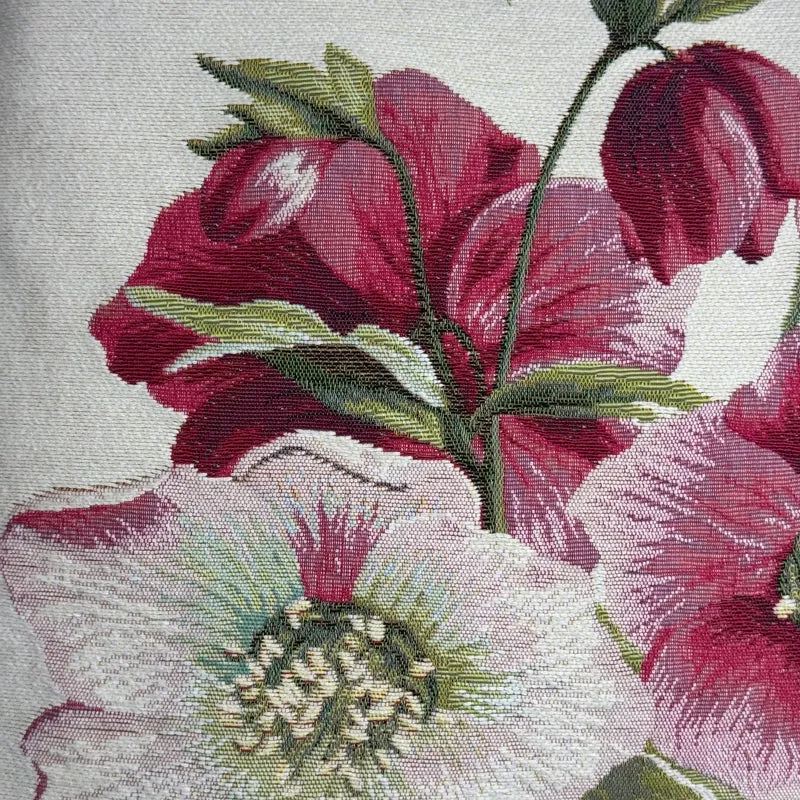 Coussin Blanc – Rose de Noël aux Fleurs Rouges (Tissage Jacquard)