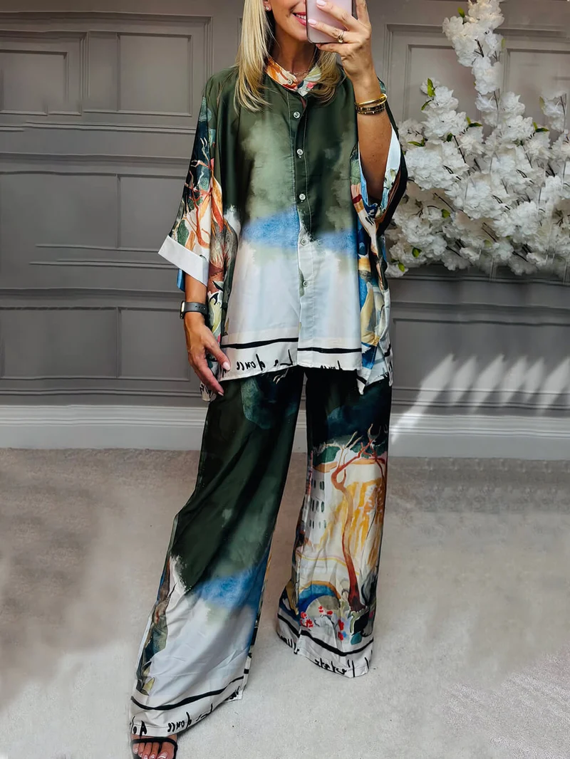 Unique Satin Roman Print Batwing Sleeve Button Shirt