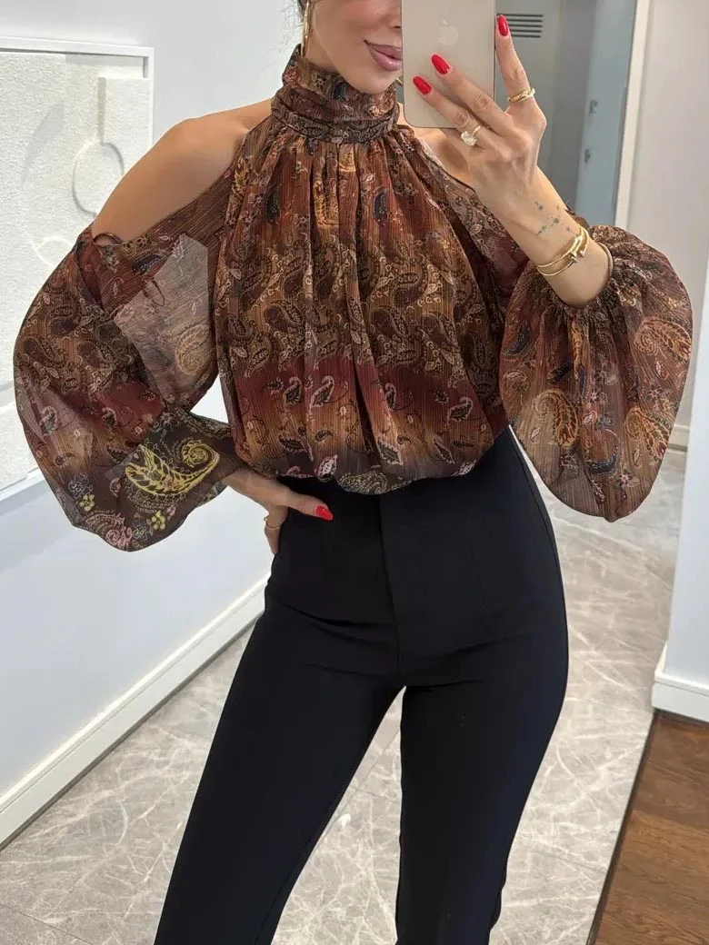 Retro Paisley-print Chiffon Off-the-shoulder Shirt