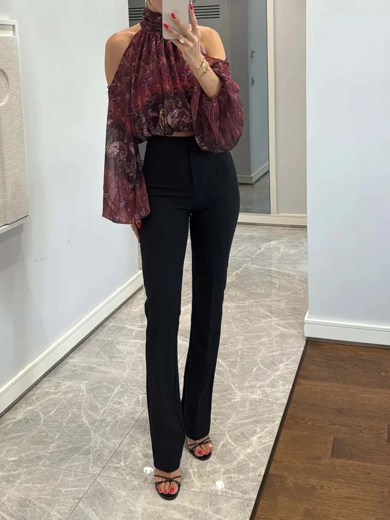 Retro Paisley-print Chiffon Off-the-shoulder Shirt