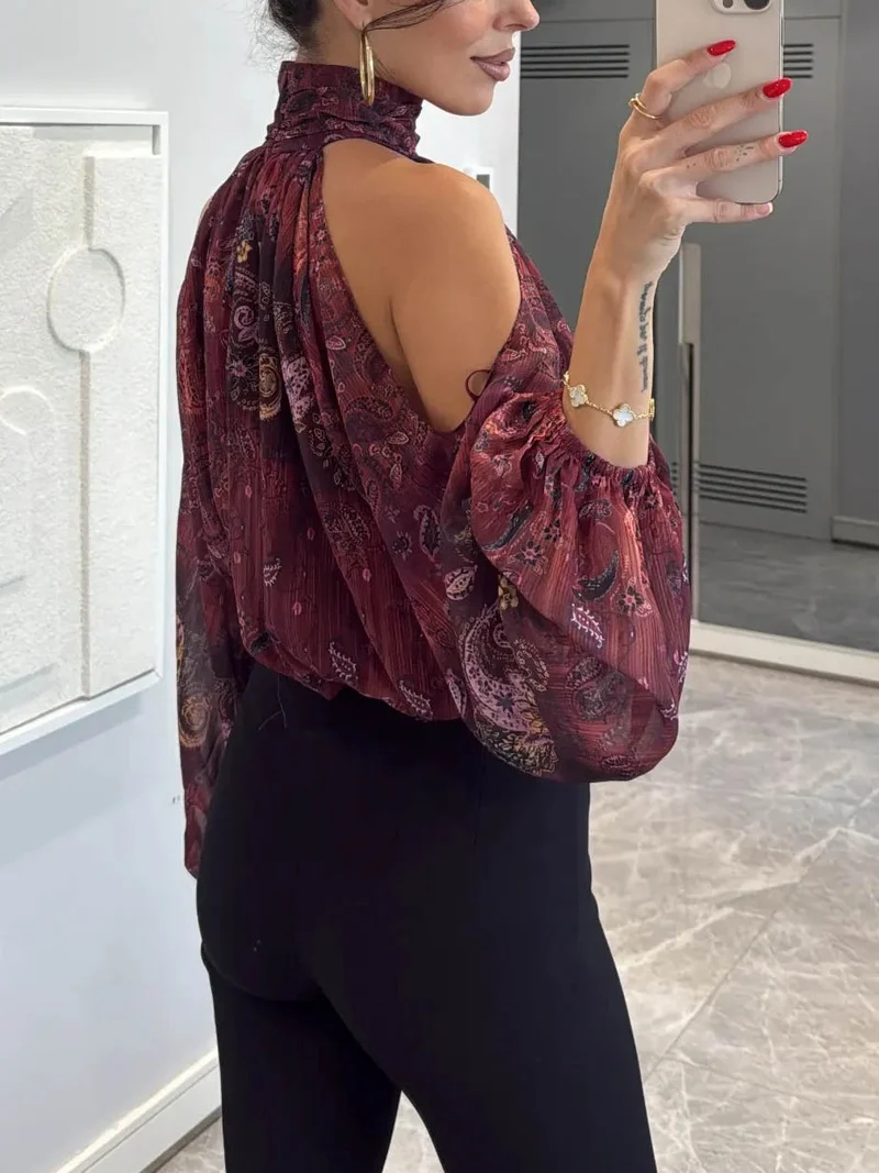 Retro Paisley-print Chiffon Off-the-shoulder Shirt
