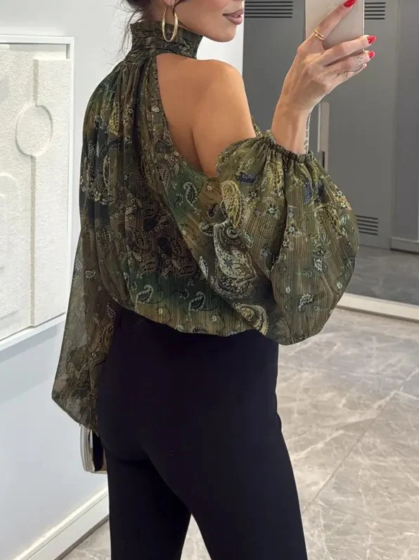 Retro Paisley-print Chiffon Off-the-shoulder Shirt