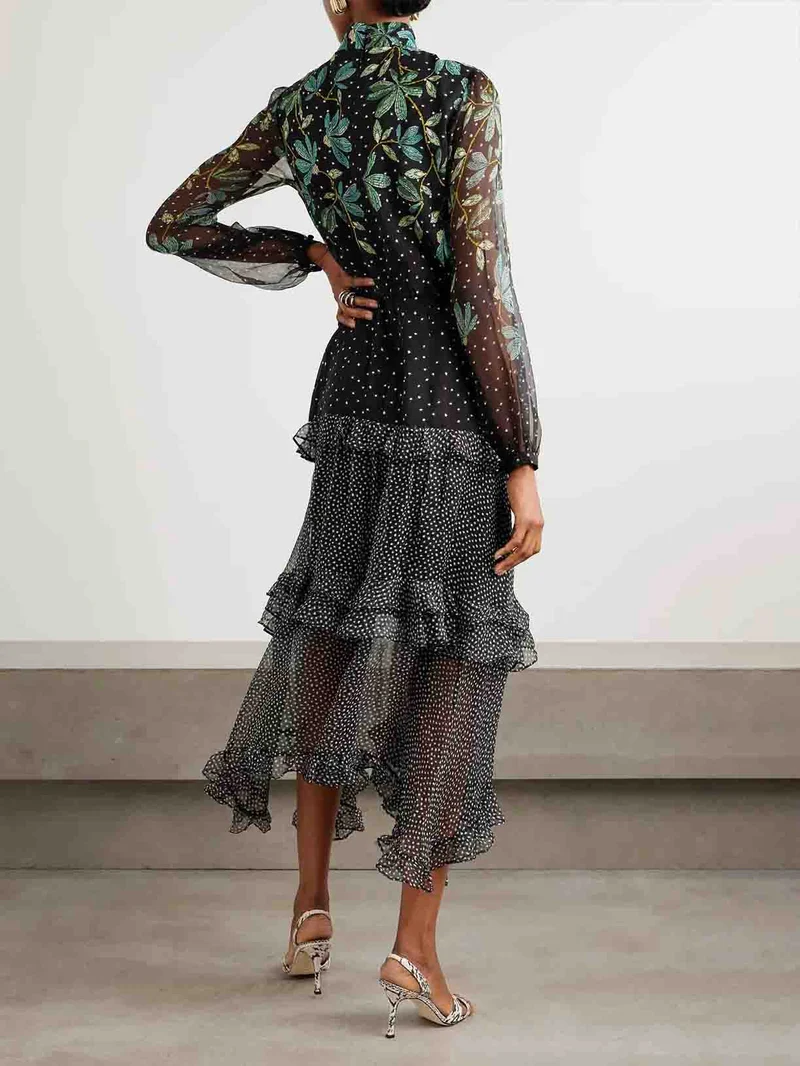 Exquisite Polka Dot Floral Print Ruffled Midi Dress