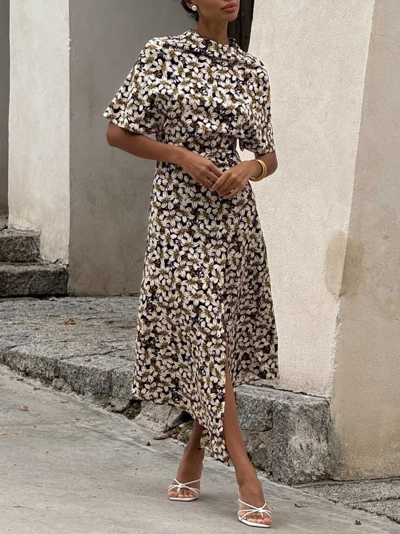 Elegant Satin Floral Print Slit Midi Dress