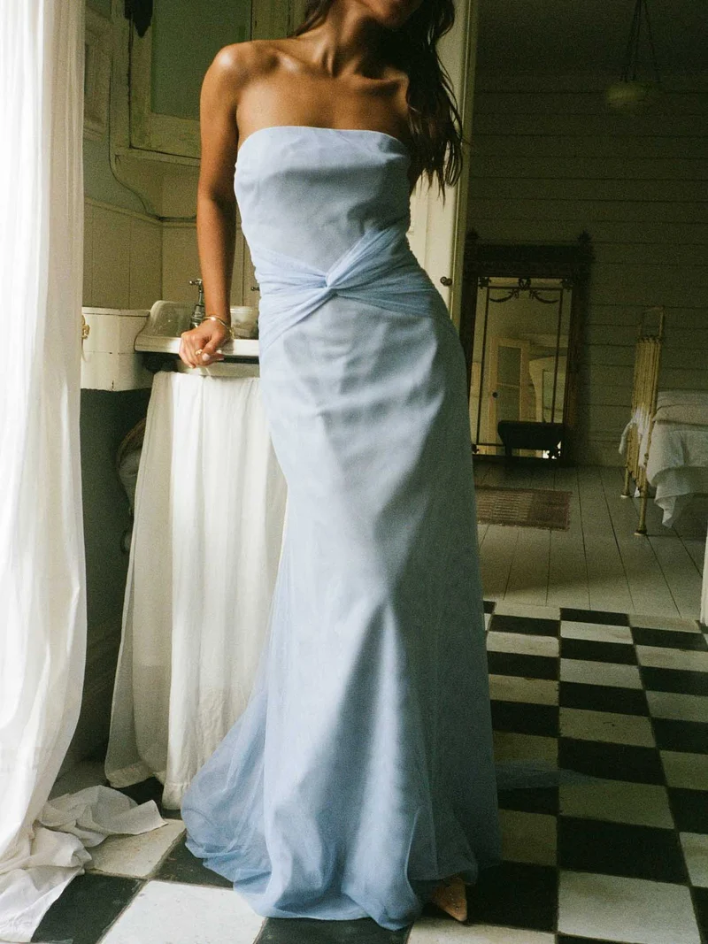 Elegant Twisted Waist Flowing Mesh Maxi Dress