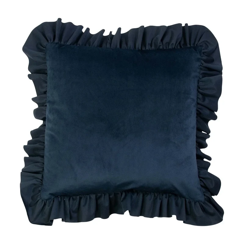 Coussin en Velours Bleu Marine avec Volants Décoratifs Élégants
