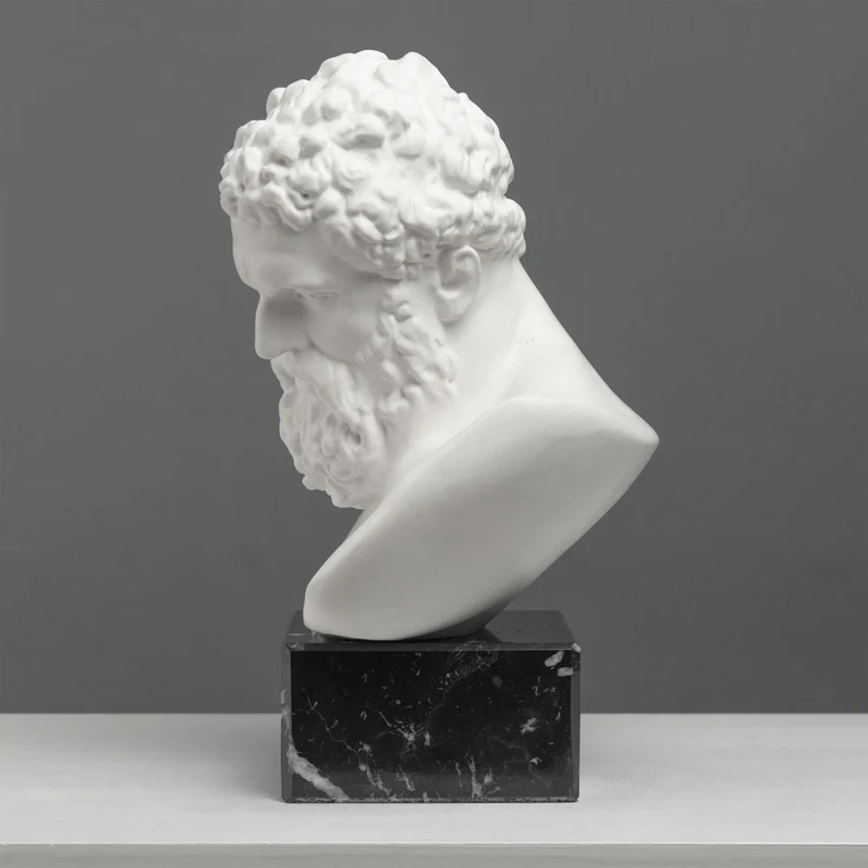 Buste d’Hercule sur Socle en Marbre Noir – Héros Grec de la Force et de la Puissance – Sculpture en Marbre