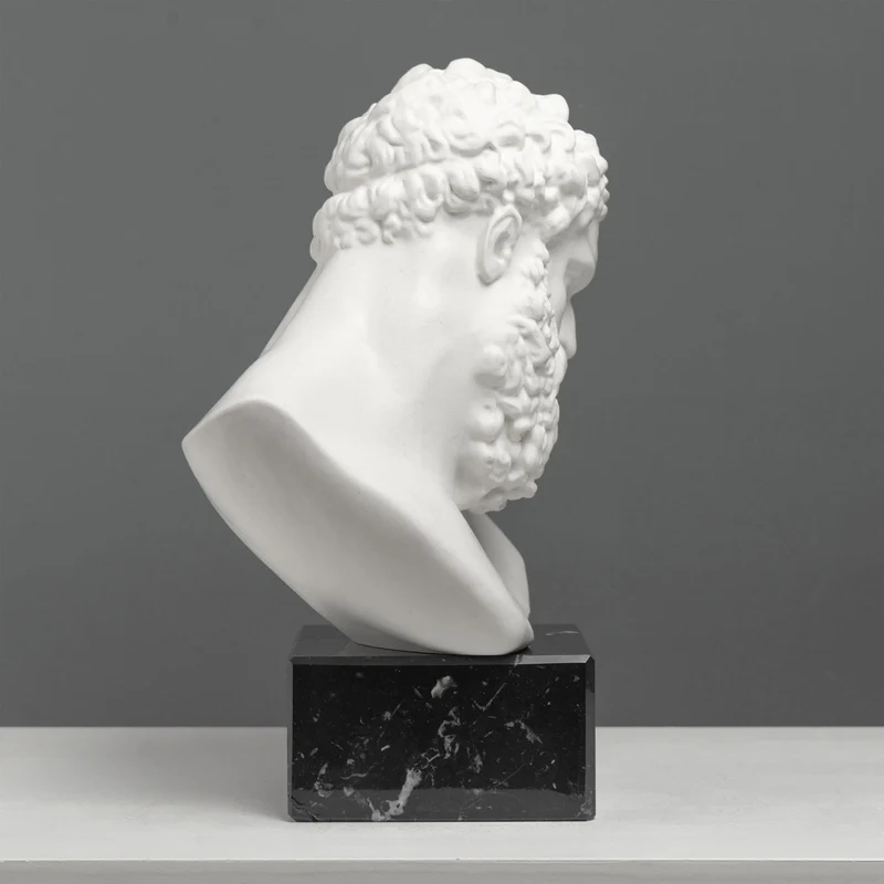 Buste d’Hercule sur Socle en Marbre Noir – Héros Grec de la Force et de la Puissance – Sculpture en Marbre