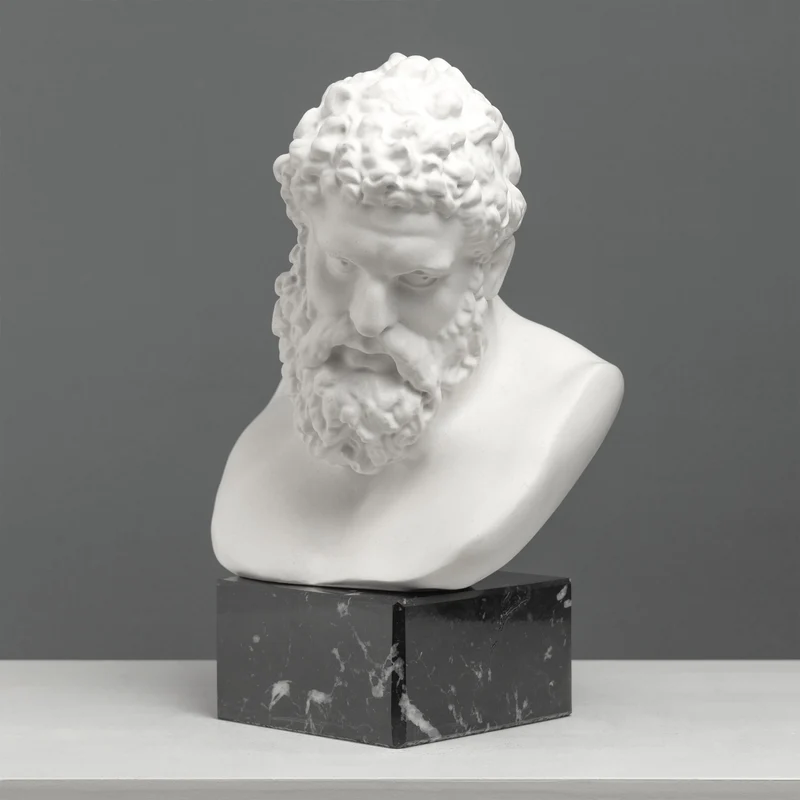 Buste d’Hercule sur Socle en Marbre Noir – Héros Grec de la Force et de la Puissance – Sculpture en Marbre