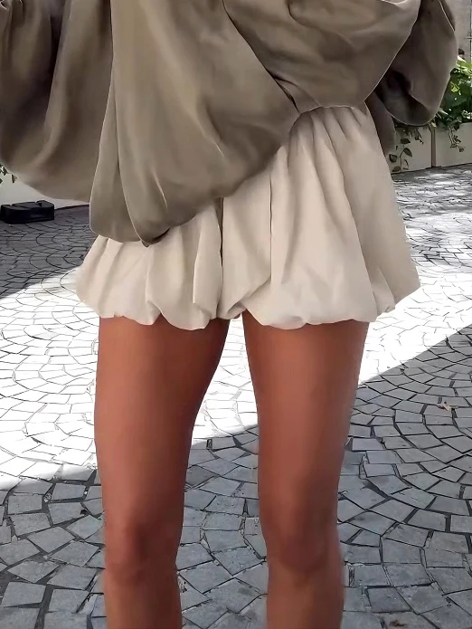 Elegant High-waisted Cream Pleated Bloomer Shorts