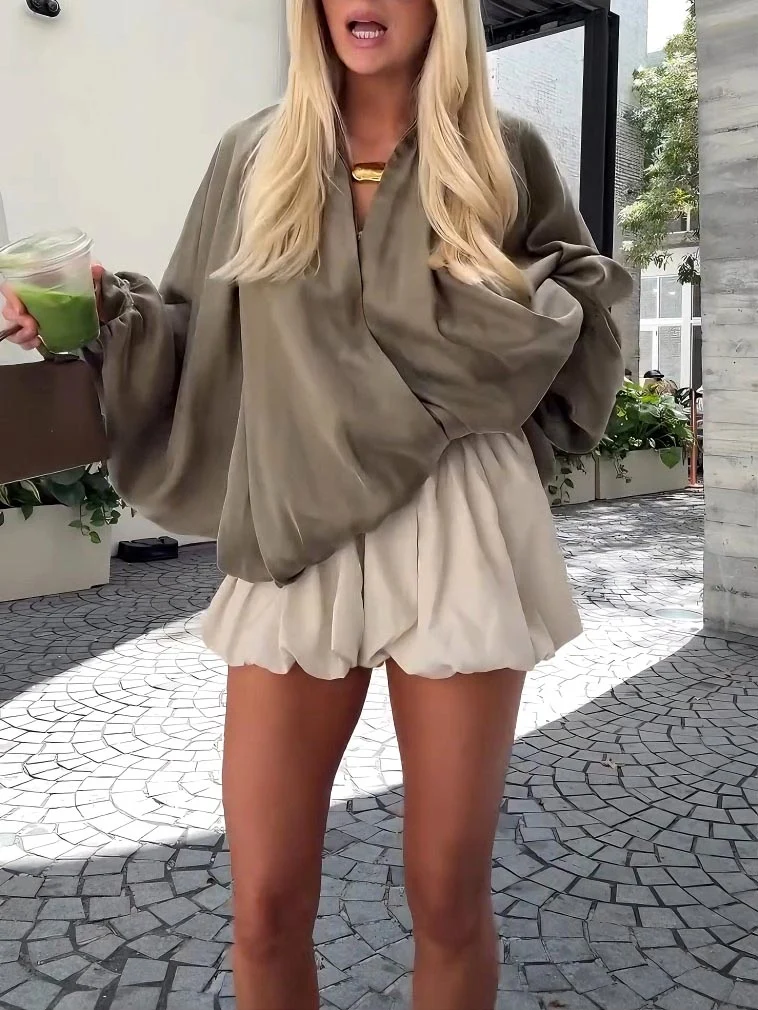 Elegant High-waisted Cream Pleated Bloomer Shorts