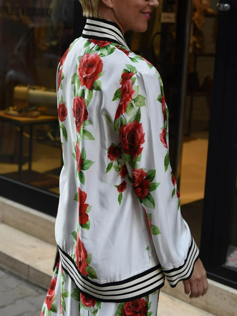 Exquisite Rose Print Ribbon-Trimmed Pockets Elastic Waist Wide-Leg Pants
