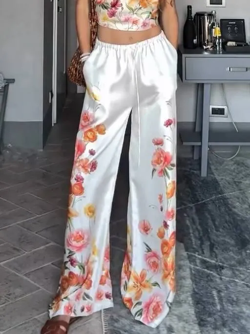 Vacation Style Floral Print Scarf Top And Wide Leg Pants Set-Pants
