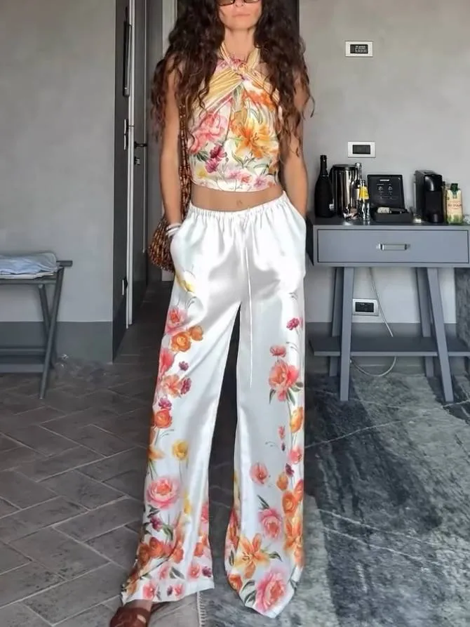 Vacation Style Floral Print Scarf Top And Wide Leg Pants Set-Pants