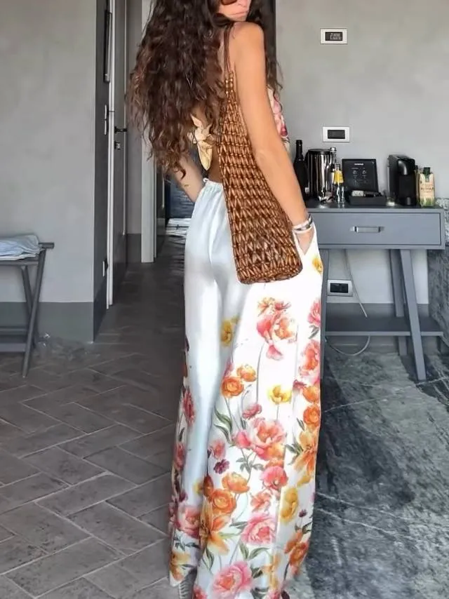 Vacation Style Floral Print Scarf Top And Wide Leg Pants Set-Pants