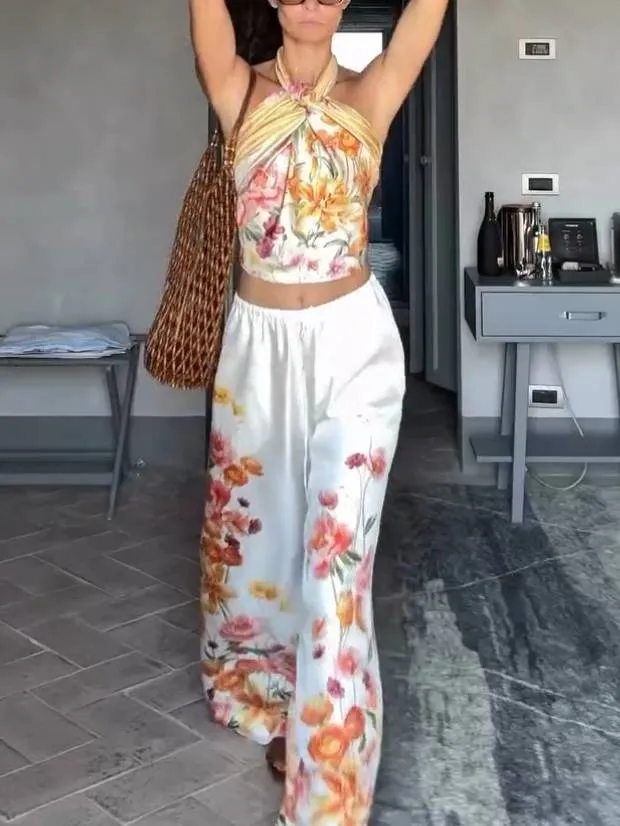 Vacation Style Floral Print Scarf Top And Wide Leg Pants Set-Pants