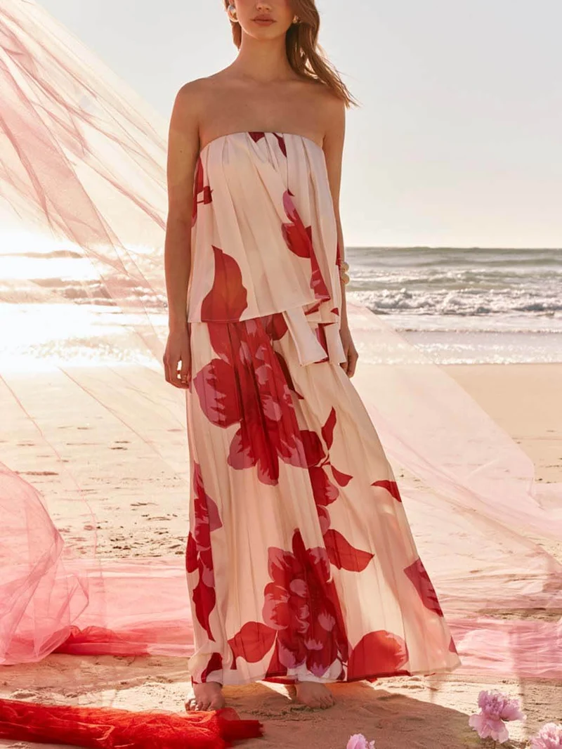 Elegant Printed Satin Ruched Pocket Wide-Leg Pants
