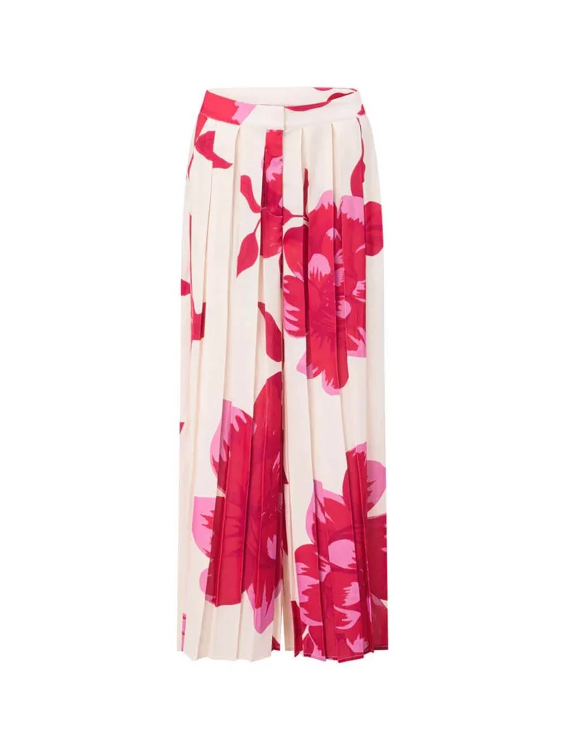 Elegant Printed Satin Ruched Pocket Wide-Leg Pants