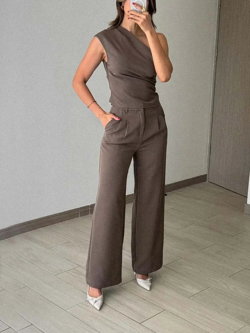 Classic Casual Ruched Pocket Wide-Leg Pants