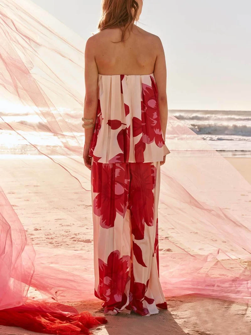 Elegant Printed Satin Ruched Strapless Top