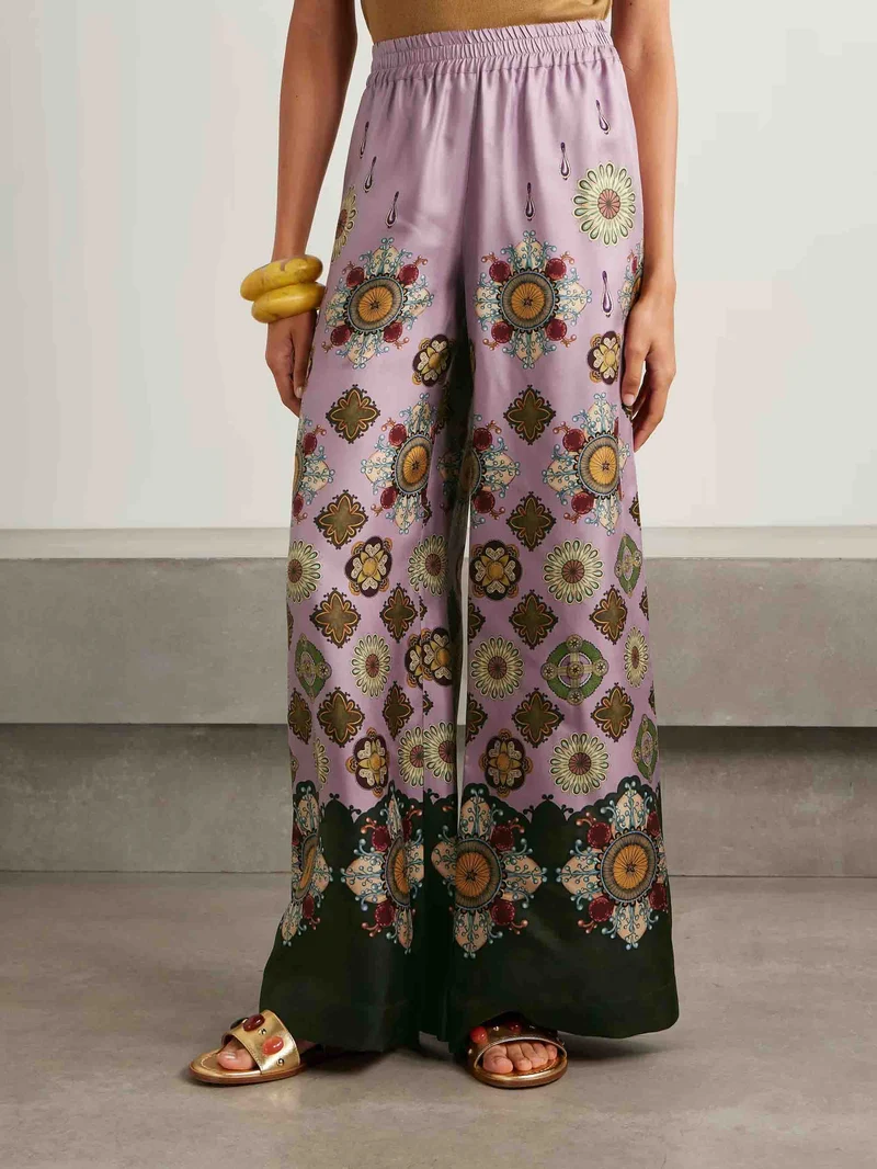Retro Fine Satin Floral Print Wide-Leg Pants