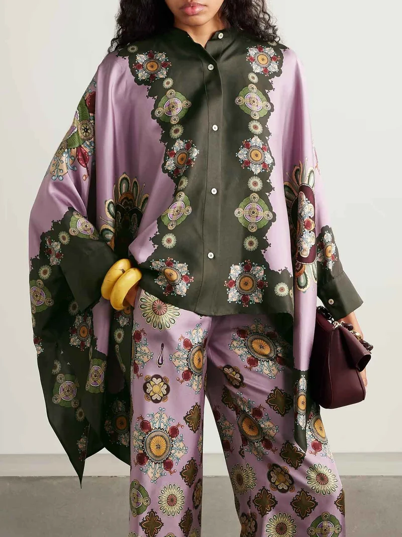 Retro Fine Satin Floral Print Cape Shirt