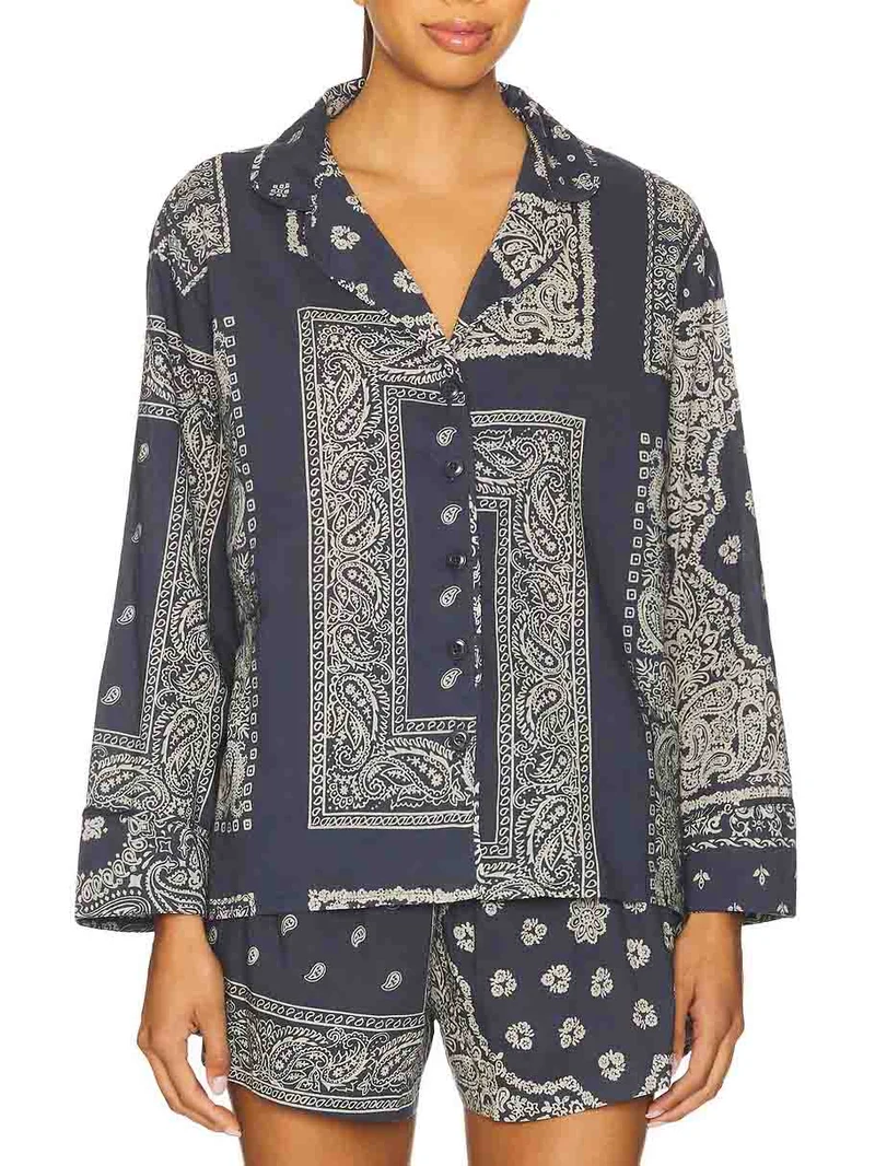 Retro Paisley Print Shorts And Long-Sleeved Shirt Two-Piece Set