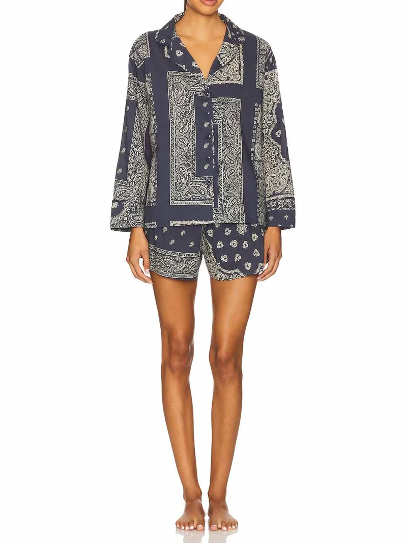 Retro Paisley Print Shorts And Long-Sleeved Shirt Two-Piece Set