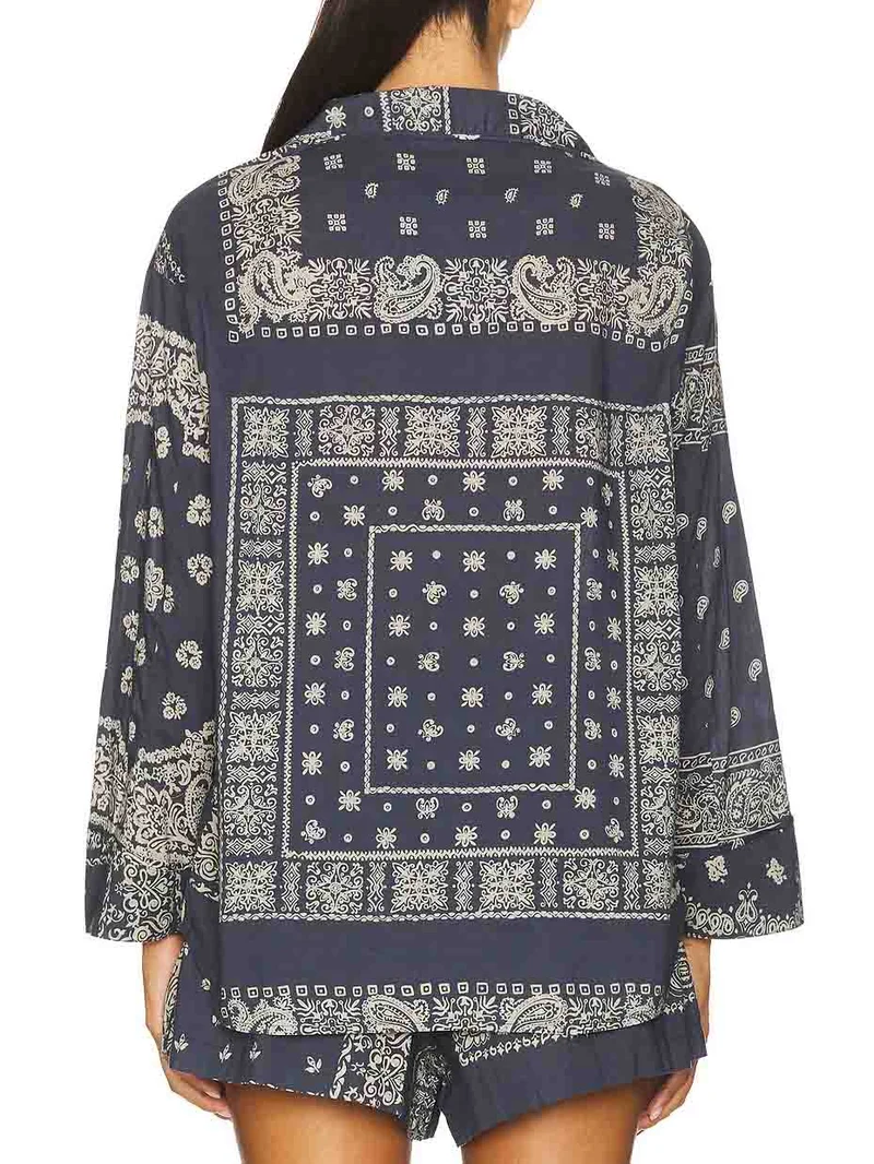 Retro Paisley Print Shorts And Long-Sleeved Shirt Two-Piece Set