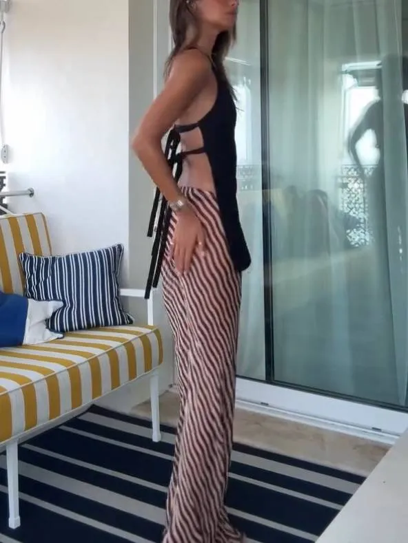 Slant-neck Backless Top And Sstripe Printed Wide Leg Pants Set-Pants