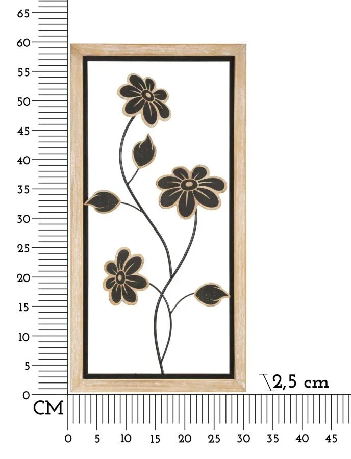 Décor mural en métal noir avec fleurs en bois dans un cadre carré