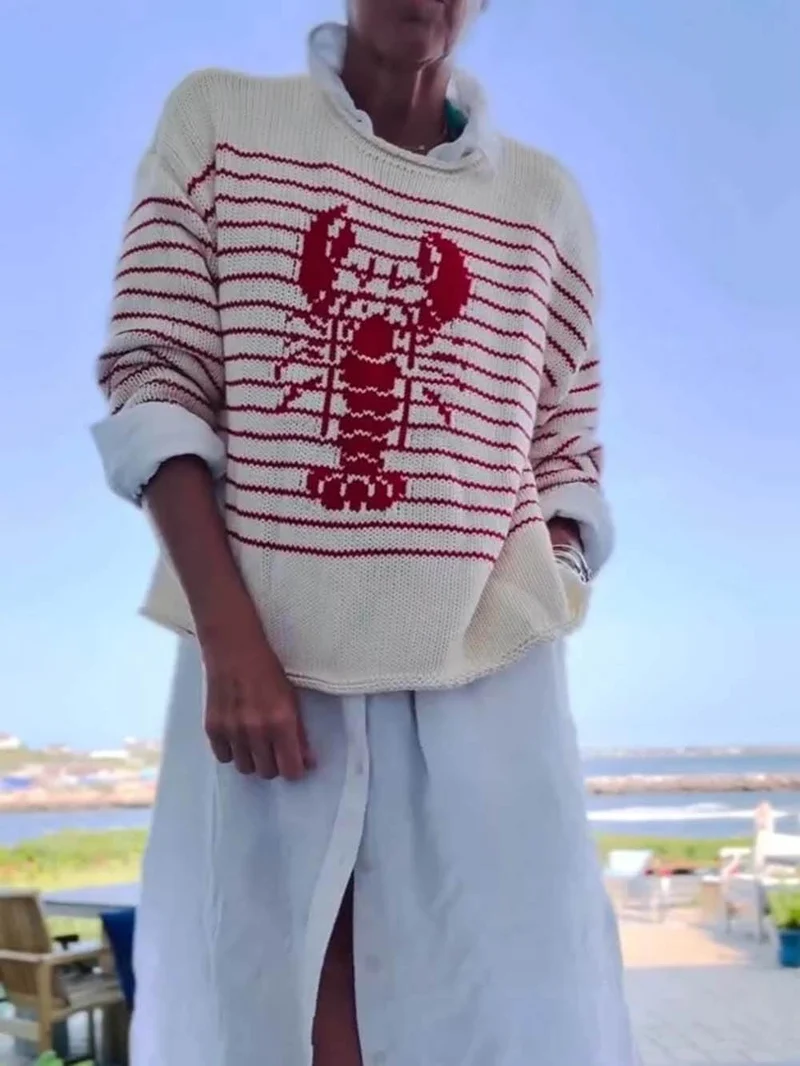 Retro Cream And Red Striped Lobster Sweater