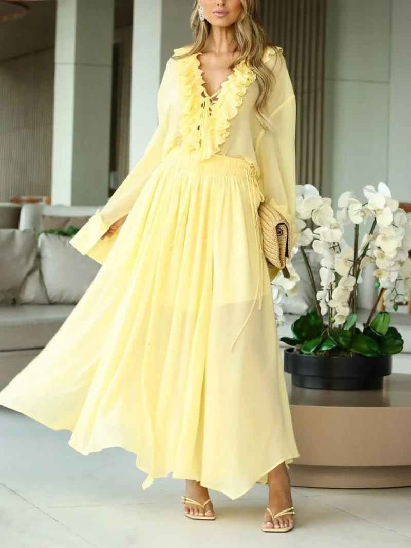 Elegant Ruffled V-Neck Chiffon Blouse