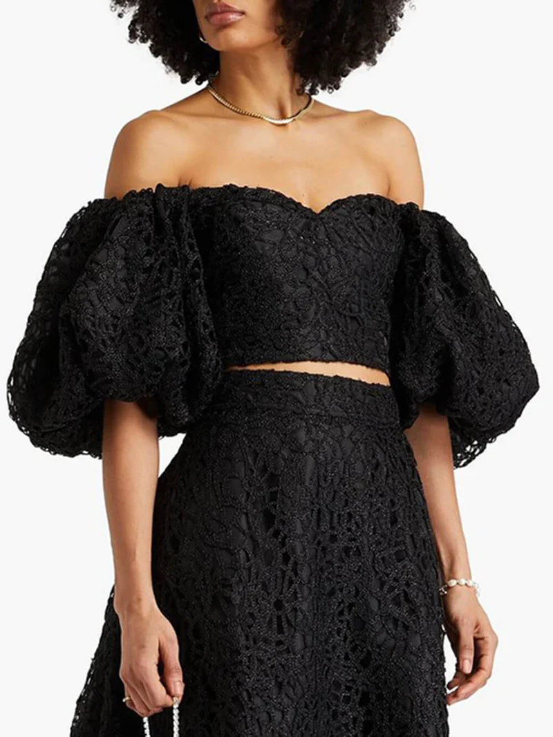 Delicate Off-Shoulder Lace Crochet Wide-Sleeve Top