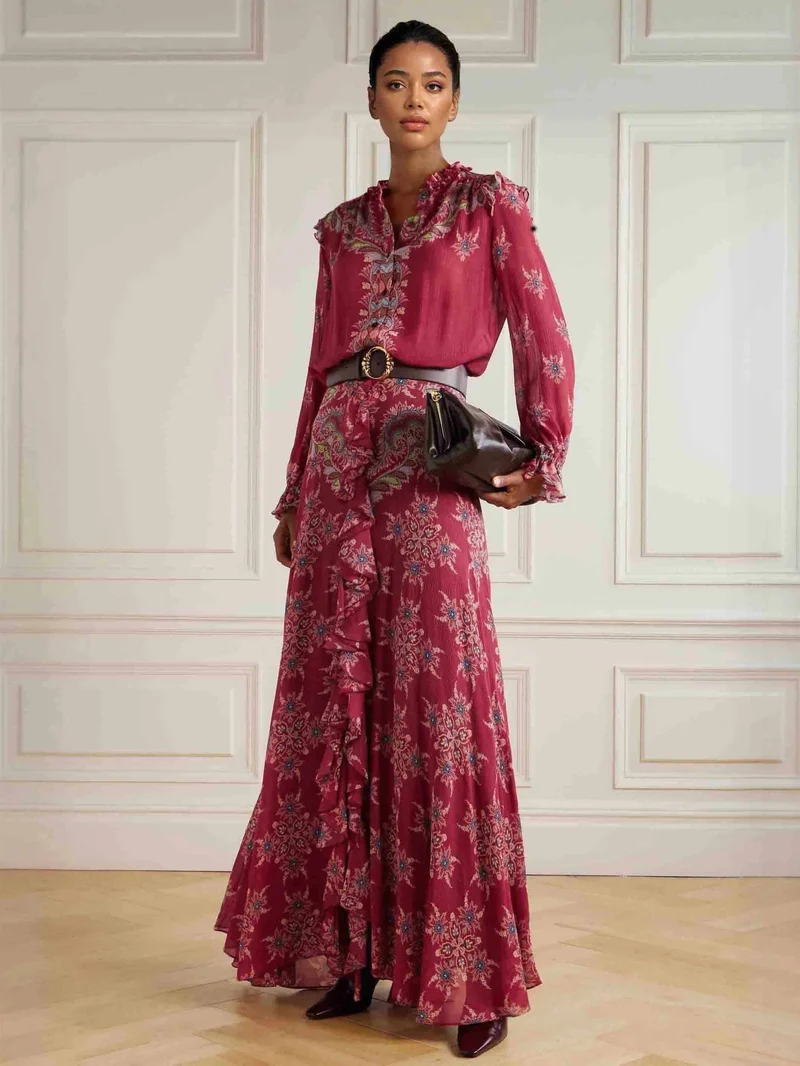 Exquisite Bohemian Ruffled Printed Chiffon Shirt